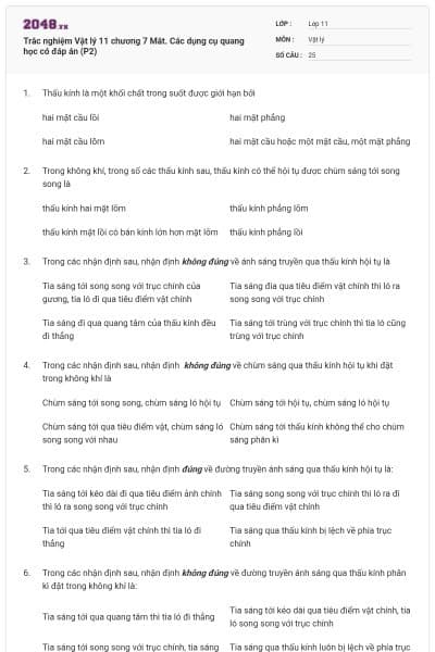 Trắc nghiệm Vật lý 11 chương 7 Mắt. Các dụng cụ quang học có đáp án (P2)