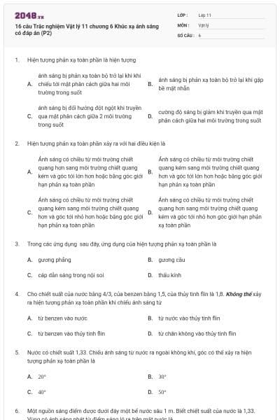 16 câu Trắc nghiệm Vật lý 11 chương 6 Khúc xạ ánh sáng có đáp án (P2)