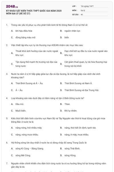 KỲ KHẢO SÁT KIẾN THỨC THPT QUỐC GIA NĂM 2020 MÔN ĐỊA LÝ (ĐỀ SỐ 27)