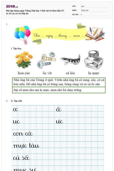 Bài tập hàng ngày Tiếng Việt lớp 1 Kết nối tri thức Bài 47: oc ôc uc ưc có đáp án