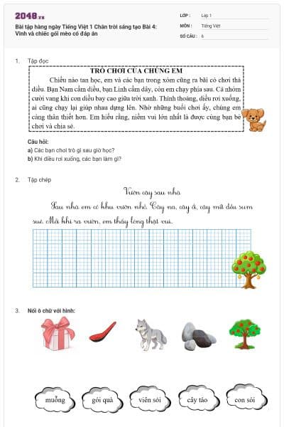 Bài tập hàng ngày Tiếng Việt 1 Chân trời sáng tạo Bài 4: Vinh và chiếc gối mèo có đáp án