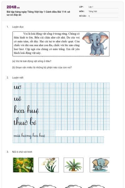 Bài tập hàng ngày Tiếng Việt lớp 1 Cánh diều Bài 114: uê uơ có đáp án