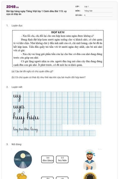 Bài tập hàng ngày Tiếng Việt lớp 1 Cánh diều Bài 115: uy uya có đáp án