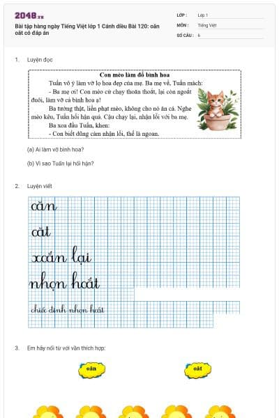 Bài tập hàng ngày Tiếng Việt lớp 1 Cánh diều Bài 120: oăn oăt có đáp án