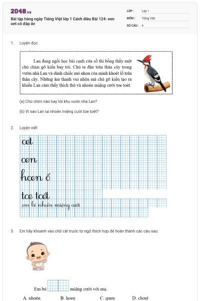 Bài tập hàng ngày Tiếng Việt lớp 1 Cánh diều Bài 124: oen oet có đáp án