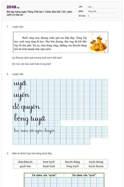 Bài tập hàng ngày Tiếng Việt lớp 1 Cánh diều Bài 125: uyên uyêt có đáp án