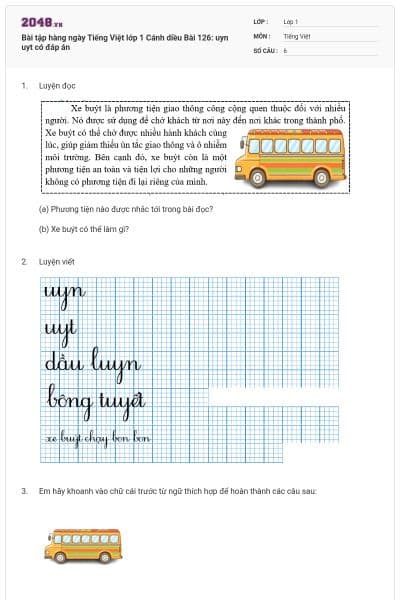 Bài tập hàng ngày Tiếng Việt lớp 1 Cánh diều Bài 126: uyn uyt có đáp án