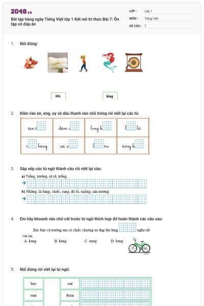 Bài tập hàng ngày Tiếng Việt lớp 1 Kết nối tri thức Bài 7: Ôn tập có đáp án