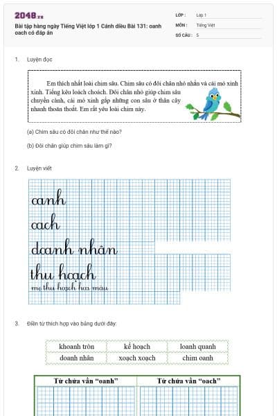 Bài tập hàng ngày Tiếng Việt lớp 1 Cánh diều Bài 131: oanh oach có đáp án