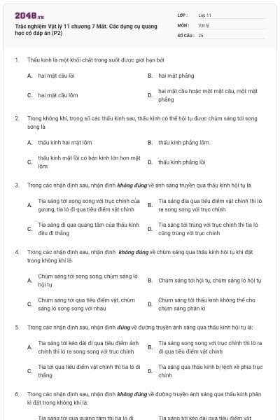 Trắc nghiệm Vật lý 11 chương 7 Mắt. Các dụng cụ quang học có đáp án (P2)