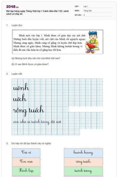 Bài tập hàng ngày Tiếng Việt lớp 1 Cánh diều Bài 132: uênh uêch có đáp án