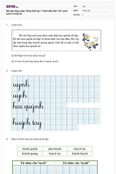 Bài tập hàng ngày Tiếng Việt lớp 1 Cánh diều Bài 133: uynh uych có đáp án