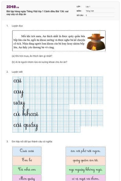 Bài tập hàng ngày Tiếng Việt lớp 1 Cánh diều Bài 136: oai oay uây có đáp án