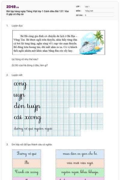 Bài tập hàng ngày Tiếng Việt lớp 1 Cánh diều Bài 137: Vần ít gặp có đáp án