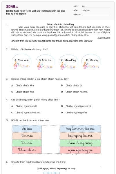 Bài tập hàng ngày Tiếng Việt lớp 1 Cánh diều Ôn tập giữa học kỳ II có đáp án