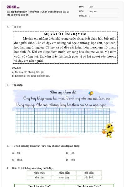 Bài tập hàng ngày Tiếng Việt 1 Chân trời sáng tạo Bài 3: Mẹ và cô có đáp án