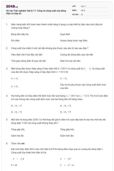 20 câu  Trắc nghiệm Vật lý 11: Công và công suất của dòng điện có đáp án
