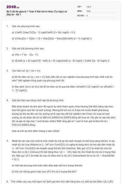Bộ 5 đề thi giữa kì 1 Toán 9 Kết nối tri thức (Tự luận) có đáp án - Đề 1