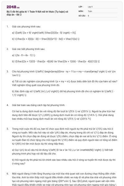 Bộ 5 đề thi giữa kì 1 Toán 9 Kết nối tri thức (Tự luận) có đáp án - Đề 2