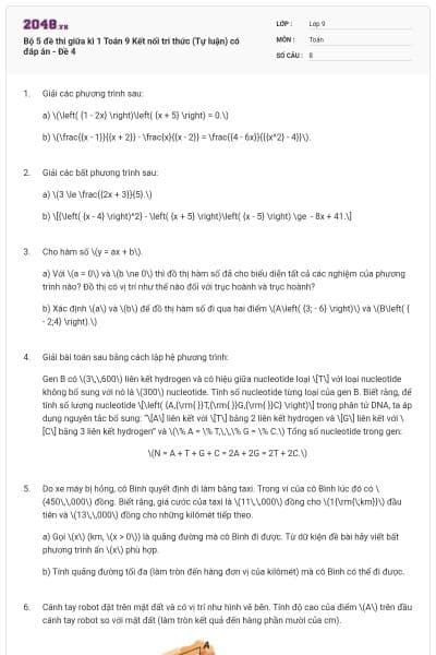 Bộ 5 đề thi giữa kì 1 Toán 9 Kết nối tri thức (Tự luận) có đáp án - Đề 4