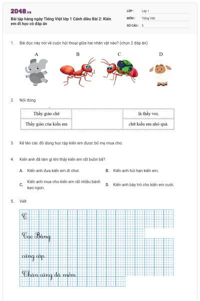 Bài tập hàng ngày Tiếng Việt lớp 1 Cánh diều Bài 2: Kiến em đi học có đáp án