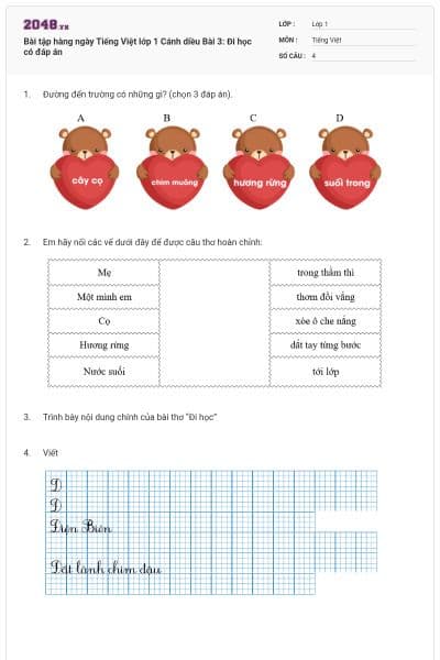 Bài tập hàng ngày Tiếng Việt lớp 1 Cánh diều Bài 3: Đi học có đáp án