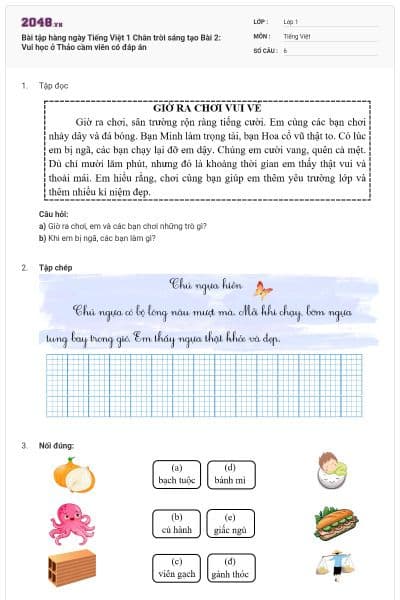 Bài tập hàng ngày Tiếng Việt 1 Chân trời sáng tạo Bài 2: Vui học ở Thảo cầm viên có đáp án