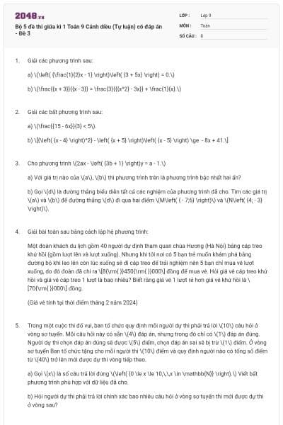Bộ 5 đề thi giữa kì 1 Toán 9 Cánh diều (Tự luận) có đáp án - Đề 3