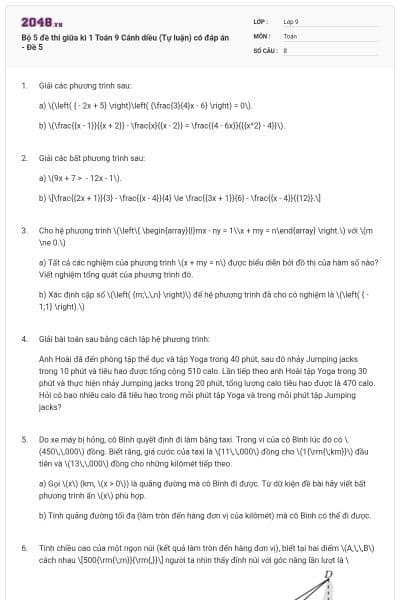 Bộ 5 đề thi giữa kì 1 Toán 9 Cánh diều (Tự luận) có đáp án - Đề 5