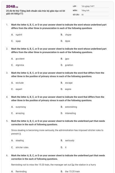 25 đề thi thử Tiếng Anh chuẩn cấu trúc bộ giáo dục có lời giải chi tiết(p17)