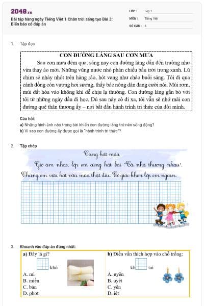 Bài tập hàng ngày Tiếng Việt 1 Chân trời sáng tạo Bài 3: Biển báo có đáp án