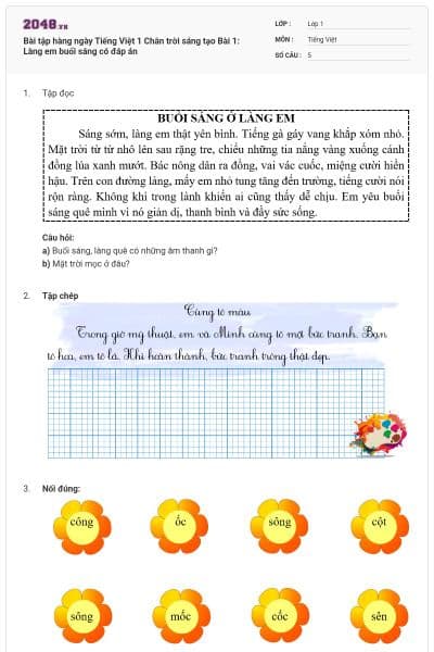 Bài tập hàng ngày Tiếng Việt 1 Chân trời sáng tạo Bài 1: Làng em buổi sáng  có đáp án