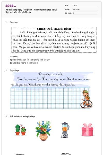 Bài tập hàng ngày Tiếng Việt 1 Chân trời sáng tạo Bài 2: Ban mai trên bản có đáp án