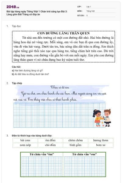 Bài tập hàng ngày Tiếng Việt 1 Chân trời sáng tạo Bài 3: Làng gốm Bát Tràng có đáp án