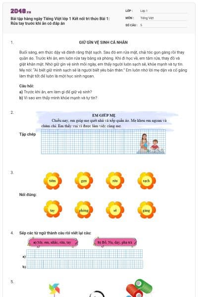 Bài tập hàng ngày Tiếng Việt lớp 1 Kết nối tri thức Bài 1: Rửa tay trước khi ăn có đáp án