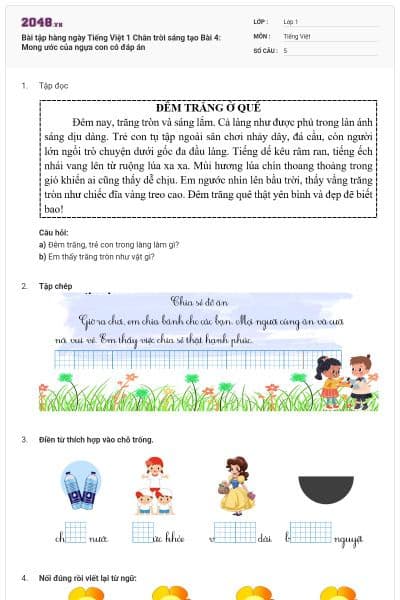 Bài tập hàng ngày Tiếng Việt 1 Chân trời sáng tạo Bài 4: Mong ước của ngựa con có đáp án