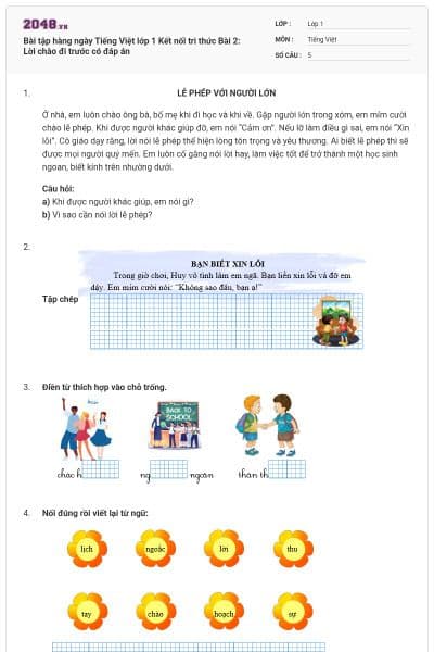 Bài tập hàng ngày Tiếng Việt lớp 1 Kết nối tri thức Bài 2: Lời chào đi trước có đáp án