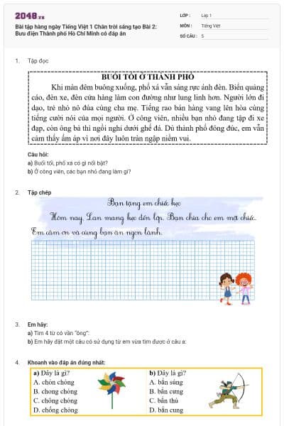 Bài tập hàng ngày Tiếng Việt 1 Chân trời sáng tạo Bài 2: Bưu điện Thành phố Hồ Chí Minh có đáp án