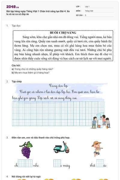 Bài tập hàng ngày Tiếng Việt 1 Chân trời sáng tạo Bài 4: Xe lu và xe ca có đáp án