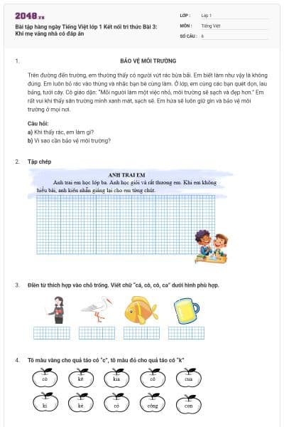 Bài tập hàng ngày Tiếng Việt lớp 1 Kết nối tri thức Bài 3: Khi mẹ vắng nhà có đáp án