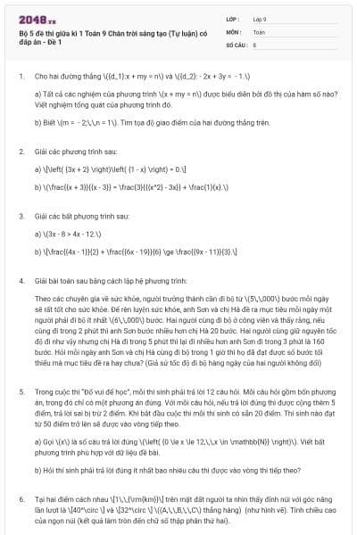 Bộ 5 đề thi giữa kì 1 Toán 9 Chân trời sáng tạo (Tự luận) có đáp án - Đề 1