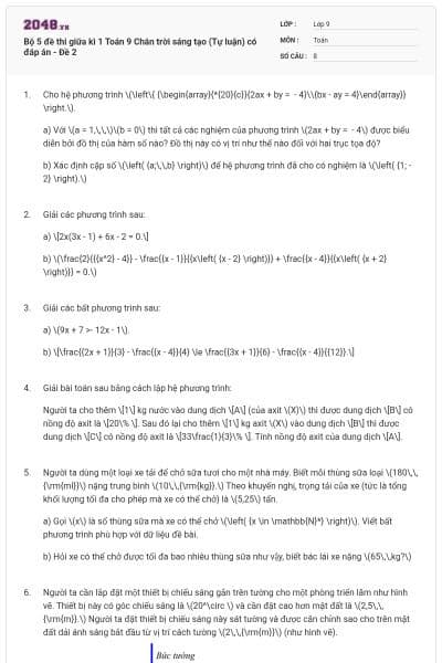 Bộ 5 đề thi giữa kì 1 Toán 9 Chân trời sáng tạo (Tự luận) có đáp án - Đề 2
