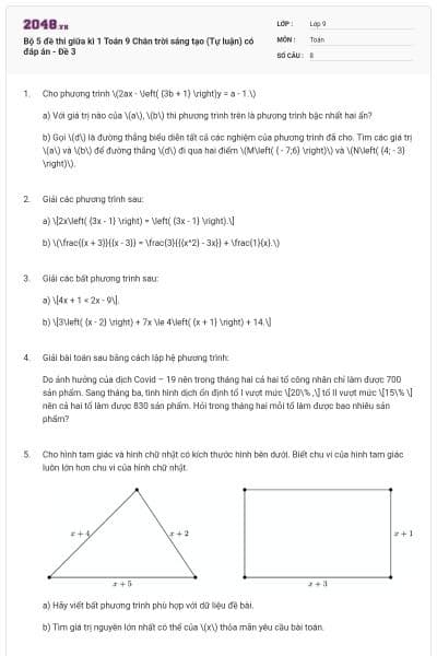 Bộ 5 đề thi giữa kì 1 Toán 9 Chân trời sáng tạo (Tự luận) có đáp án - Đề 3