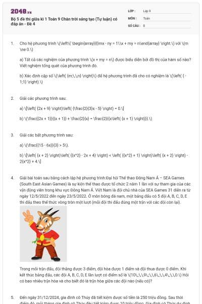 Bộ 5 đề thi giữa kì 1 Toán 9 Chân trời sáng tạo (Tự luận) có đáp án - Đề 4