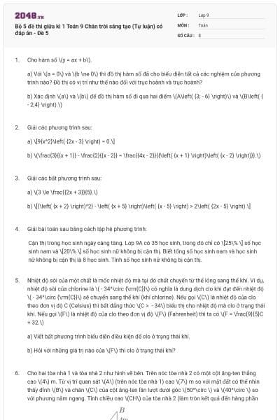 Bộ 5 đề thi giữa kì 1 Toán 9 Chân trời sáng tạo (Tự luận) có đáp án - Đề 5