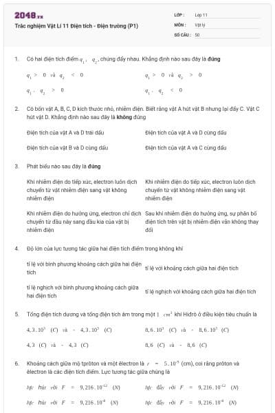 Trắc nghiệm Vật Lí 11 Điện tích - Điện trường (P1)