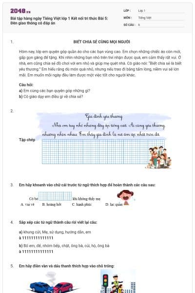 Bài tập hàng ngày Tiếng Việt lớp 1 Kết nối tri thức Bài 5: Đèn giao thông có đáp án