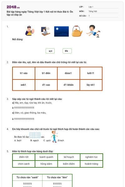 Bài tập hàng ngày Tiếng Việt lớp 1 Kết nối tri thức Bài 6: Ôn tập có đáp án