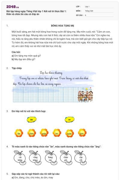 Bài tập hàng ngày Tiếng Việt lớp 1 Kết nối tri thức Bài 1: Kiến và chim bồ câu có đáp án