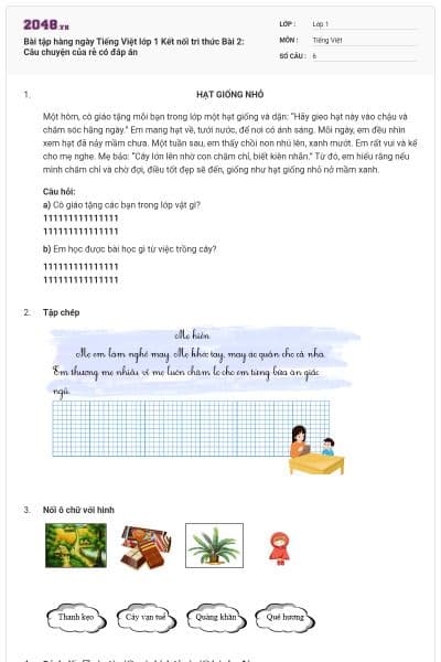 Bài tập hàng ngày Tiếng Việt lớp 1 Kết nối tri thức Bài 2: Câu chuyện của rễ có đáp án
